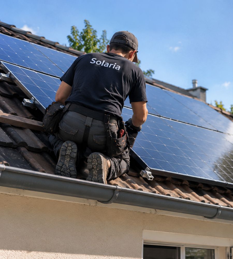 Installateur posant des panneaux photovoltaïques sur un toit (photo d'illustration)