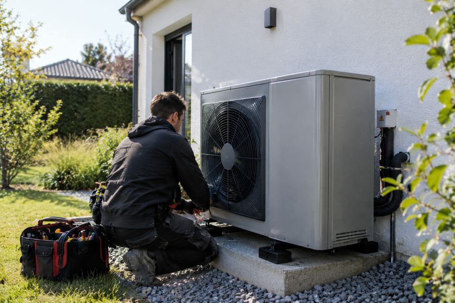 Technicien installant une pompe à chaleur contre le mur d'une maison (photo d'illustration)